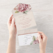 ロマンチックなピンクとバラ色の水彩ハイドランジアの花 オールインワン招待状 (貼ってはがせる)