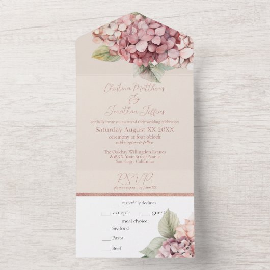 ロマンチックなピンクとバラ色の水彩ハイドランジアの花 オールインワン招待状 (内側)