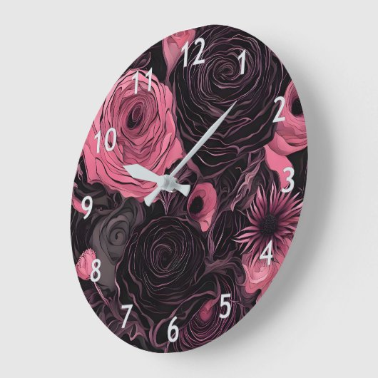 ロマンチックなピンクとブラックのゴシック様式のバラ ラージ壁時計 (傾斜)