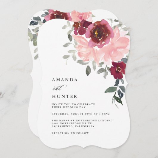 ロマンチックなピンクとブルゴーニュのフローラ結婚ズ 招待状 (正面/裏面)
