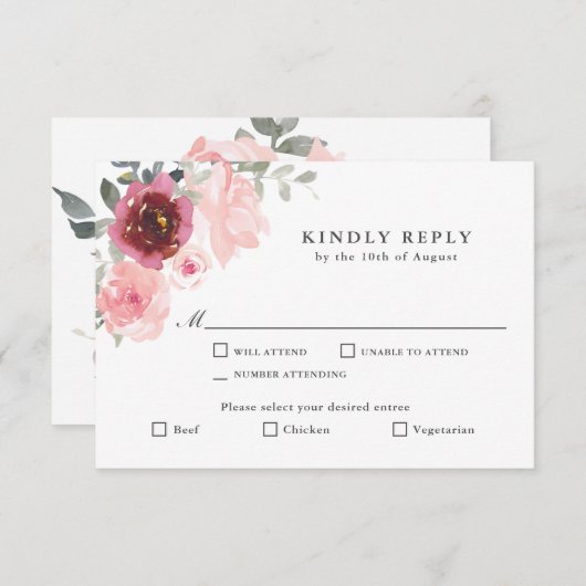 ロマンチックなピンクとブルゴーニュのRSVP with Entrees 出欠カード (正面/裏面)