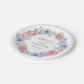 ロマンチックなピンクとブルーの水彩花のウェディング ペーパープレート (アングル)