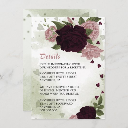 ロマンチックなピンクと梅の花の緑の詳細 エンクロージャーカード (正面/裏面)