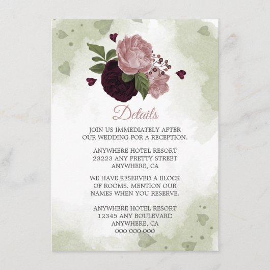 ロマンチックなピンクと梅の花の緑の詳細 エンクロージャーカード (正面)