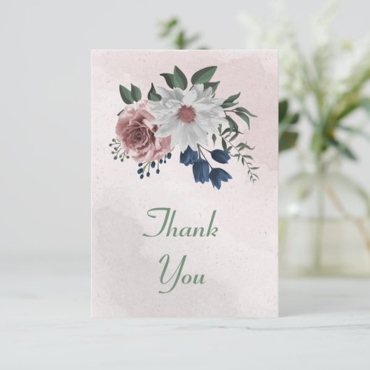 ロマンチックなピンクと白と海軍の青い花 サンキューカード (スタンド正面)