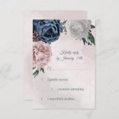 ロマンチックなピンクと白と海軍の青い花 出欠カード (正面/裏面)