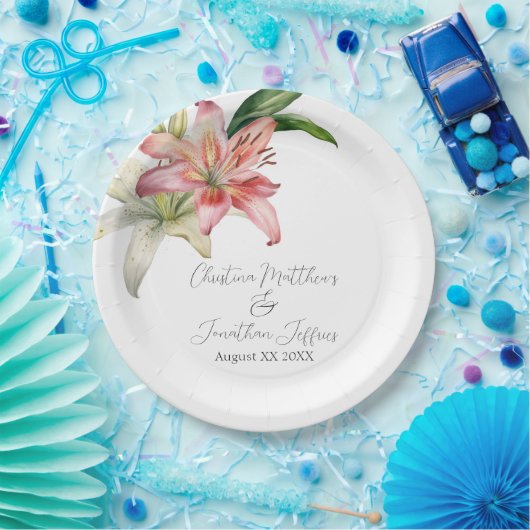 ロマンチックなピンクと白のユリ ペーパープレート (パーティー)