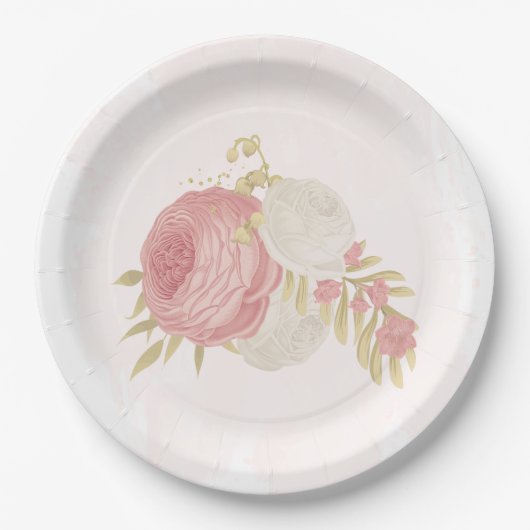 ロマンチックなピンクと白の花の金ゴールド ペーパープレート (正面)