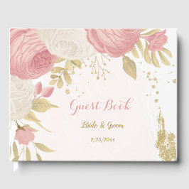 ロマンチックなピンクと白の花結婚の金ゴールド ゲストブック