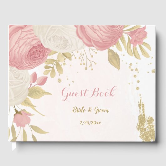 ロマンチックなピンクと白の花結婚の金ゴールド ゲストブック (正面)