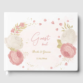 ロマンチックなピンクと白の花結婚の金ゴールド ゲストブック