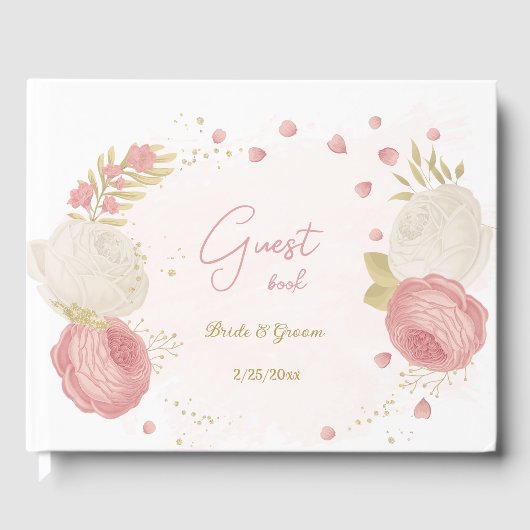 ロマンチックなピンクと白の花結婚の金ゴールド ゲストブック (正面)