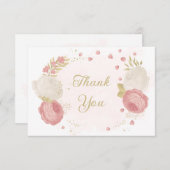 ロマンチックなピンクと白の花結婚の金ゴールド サンキューカード (正面/裏面)