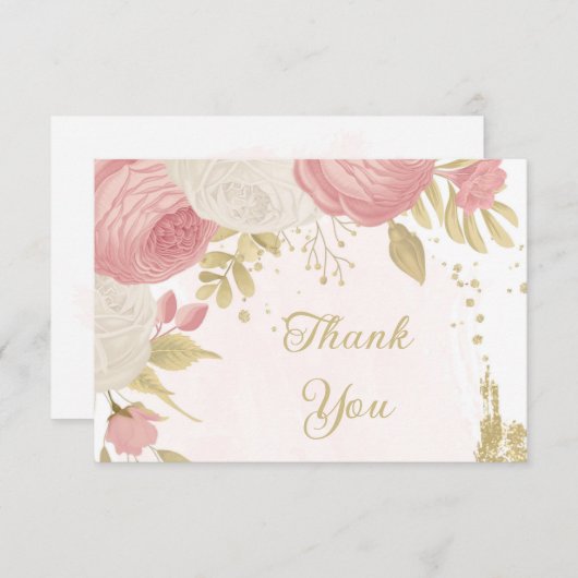 ロマンチックなピンクと白の花結婚の金ゴールド サンキューカード (正面/裏面)