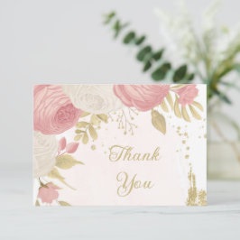 ロマンチックなピンクと白の花結婚の金ゴールド サンキューカード