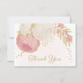 ロマンチックなピンクと白の花結婚の金ゴールド サンキューカード (正面)