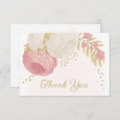 ロマンチックなピンクと白の花結婚の金ゴールド サンキューカード (正面/裏面)