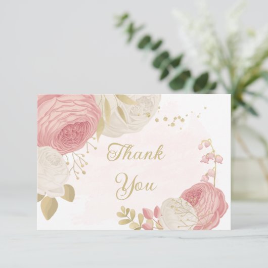 ロマンチックなピンクと白の花結婚の金ゴールド サンキューカード (スタンド正面)