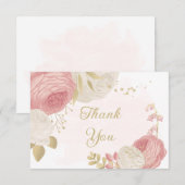 ロマンチックなピンクと白の花結婚の金ゴールド サンキューカード (正面/裏面)