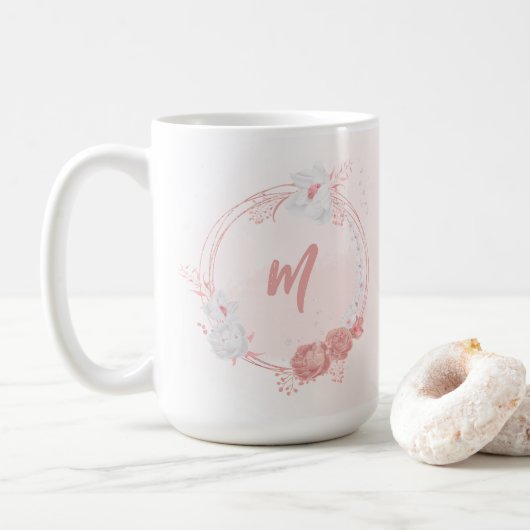 ロマンチックなピンクと白の花 コーヒーマグカップ (ドーナツ)