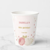 ロマンチックなピンクと白の花 ゴールドの植物イラスト 紙コップ (正面)