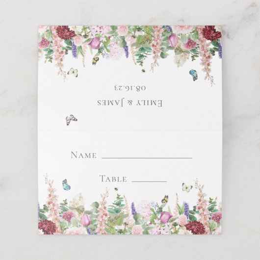 ロマンチックなピンクと紫の花と蝶 プレイスカード (外部開封)
