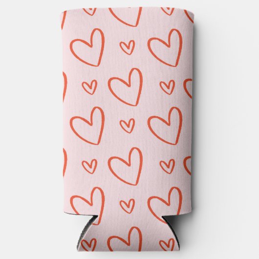 ロマンチックなピンクと赤いハート スリム缶クーラー (正面)