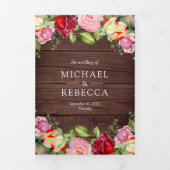 ロマンチックなピンクと赤のバラQRコードウッド結婚ズ 三つ折り招待状 (カバー)