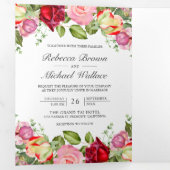 ロマンチックなピンクと赤のバラQRコード結婚ズ 三つ折り招待状 (内部最初)