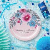 ロマンチックなピンクと青の水色のフローラ結婚 ペーパープレート (パーティー)