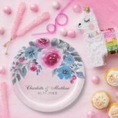 ロマンチックなピンクと青の水色のフローラ結婚 ペーパープレート (パーティー)