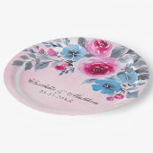 ロマンチックなピンクと青の水色のフローラ結婚 ペーパープレート (アングル)