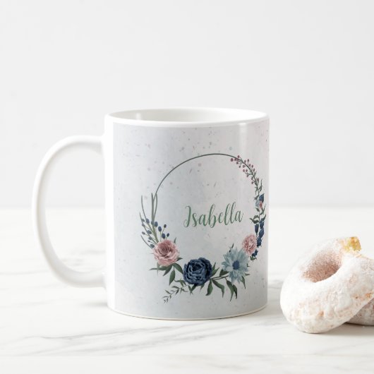 ロマンチックなピンクと青の花 緑の葉 コーヒーマグカップ (ドーナツ)