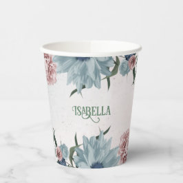 ロマンチックなピンクと青の花 緑の葉 紙コップ