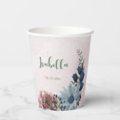 ロマンチックなピンクと青の花 緑の葉 紙コップ (裏面)