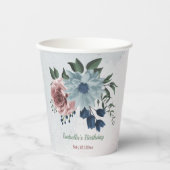 ロマンチックなピンクと青の花 緑の葉 紙コップ (正面)