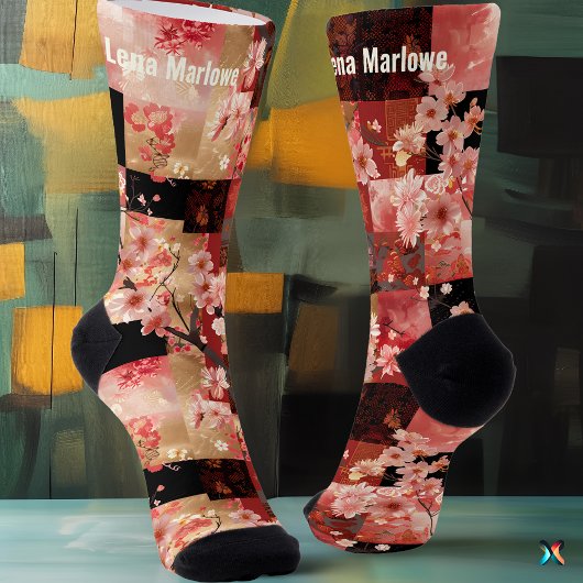 ロマンチックなピンクのさくらんぼブロッサムフローラパッチワーク ソックス