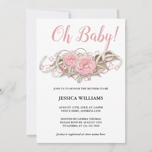 ロマンチックなピンクのクラスタ装飾ベビーシャワー 招待状 (正面)