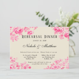 ロマンチックなピンクのトイルフラワーリハーサルディナー 招待状