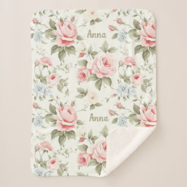 ロマンチックなピンクのバラが模様いっぱいに名前と シェルパブランケット