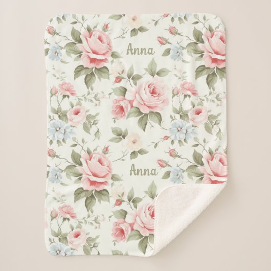 ロマンチックなピンクのバラが模様いっぱいに名前と シェルパブランケット (正面)