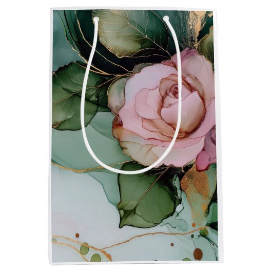 ロマンチックなピンクのバラとホワイトゴールドの花のブライダルシャワー ミディアムペーパーバッグ (正面)