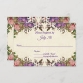 ロマンチックなピンクのバラと紫の花びら結婚式RSVP 出欠カード (正面/裏面)