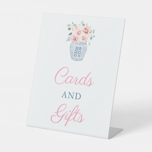 ロマンチックなピンクのバラのカードとギフトブライダルシャワー 台座サイン (正面)