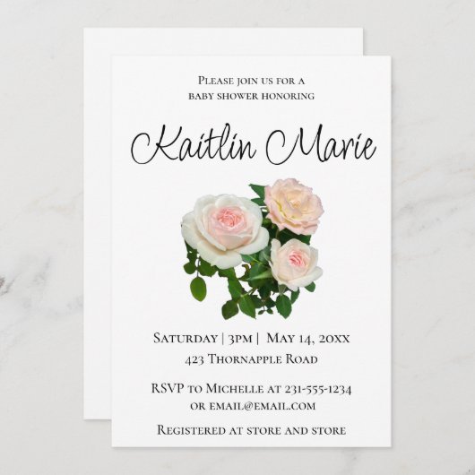 ロマンチックなピンクのバラのピンクのフローラベビーガールシャワー 招待状 (正面/裏面)