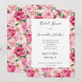 ロマンチックなピンクのバラの花のブライズシャワー 招待状 (正面/裏面)