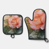 ロマンチックなピンクのバラの花のブライダルシャワー 鍋つかみ&鍋敷きセット (正面)