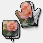 ロマンチックなピンクのバラの花のブライダルシャワー 鍋つかみ&鍋敷きセット (正面/裏面)