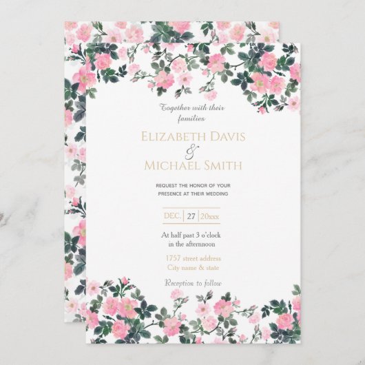 ロマンチックなピンクのバラフローラウォーター絵画カラー 招待状 (正面/裏面)