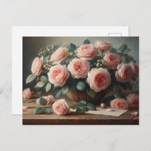 ロマンチックなピンクのバラフローラ油絵 ポストカード (正面/裏面)